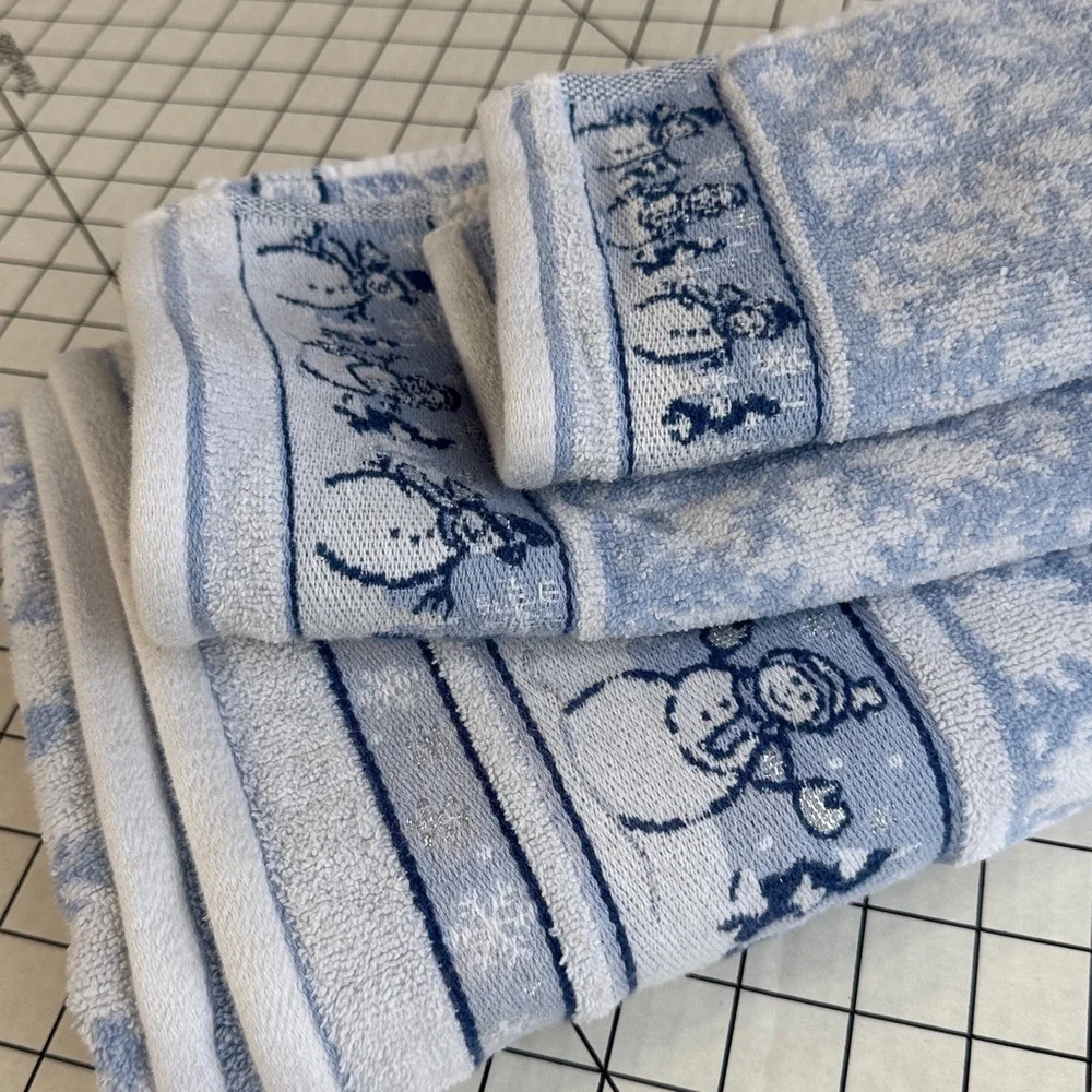 Vintage Blue Snowman Cotton Towel Set – 3 Pieces – Snowflake Jacquard